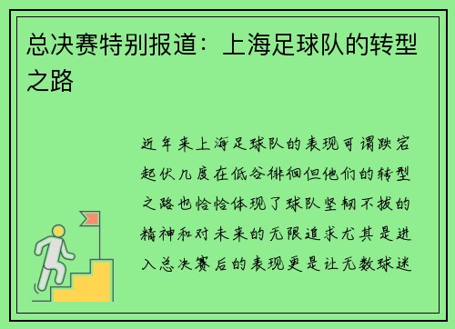 总决赛特别报道：上海足球队的转型之路