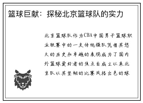 篮球巨献：探秘北京篮球队的实力