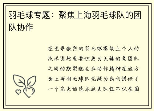 羽毛球专题：聚焦上海羽毛球队的团队协作