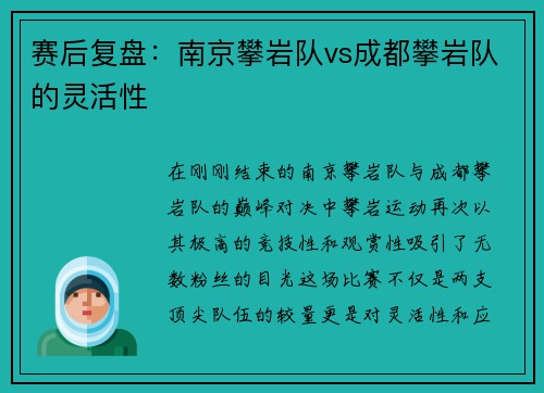 赛后复盘：南京攀岩队vs成都攀岩队的灵活性
