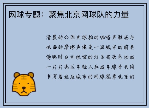 网球专题：聚焦北京网球队的力量