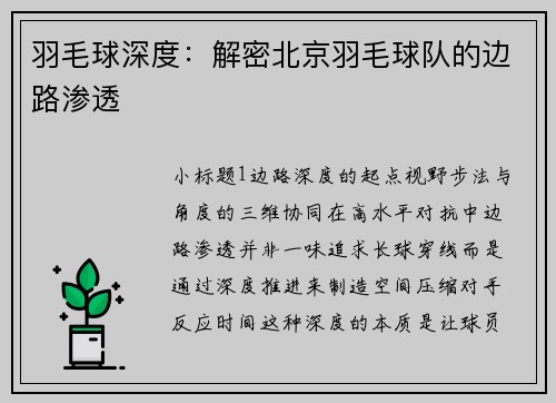 羽毛球深度：解密北京羽毛球队的边路渗透